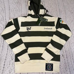 Retro Irish Track & Field Striped Rugby Themed Hoodie Emerald Shamrock SZ S/M